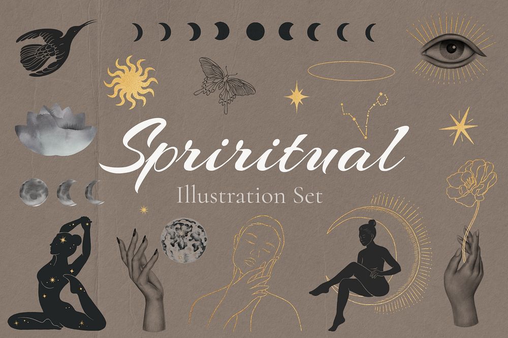 Editable spiritual line art remixed illustration set