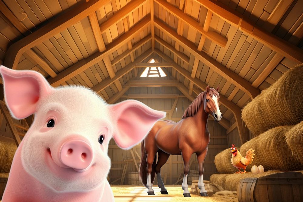 3D cute pig & horse in a barn  editable remix