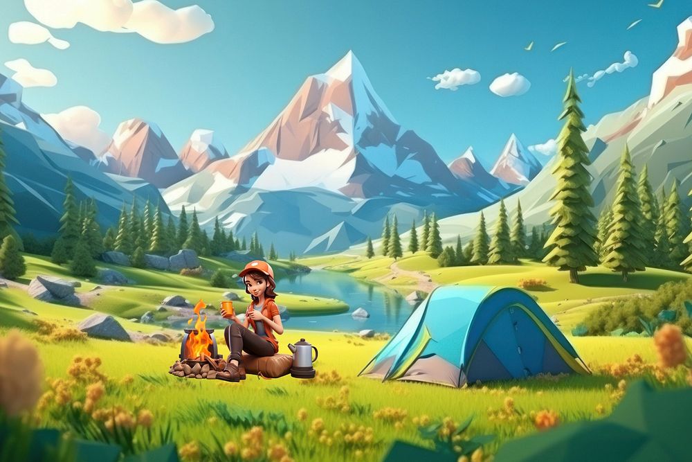 3D woman camping outdoors, travel  editable remix