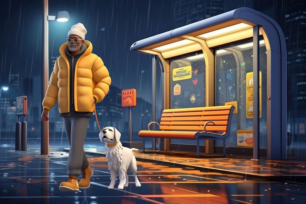 3D man with dog at bus stop  editable remix