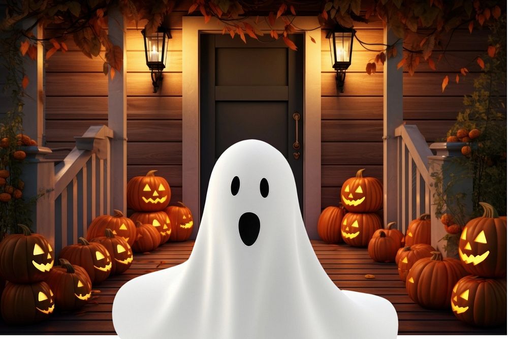 3D white ghost, Halloween trick-or-treat  editable remix