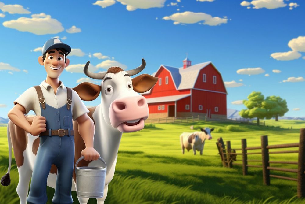 3D farmer and dairy cow, agriculture  editable remix