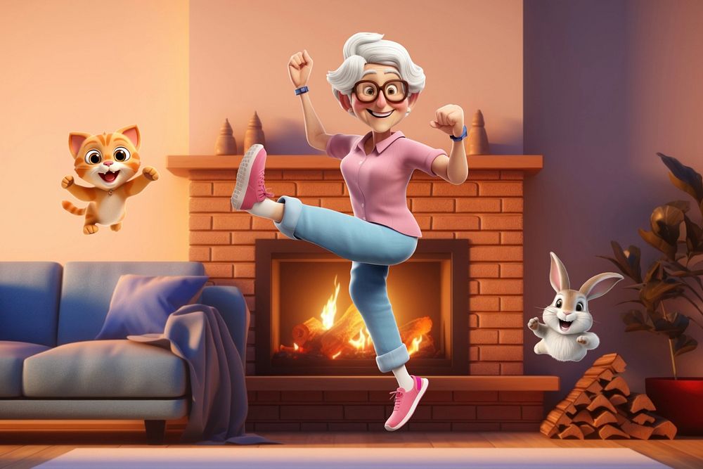 3D old woman jumping with pet  editable remix