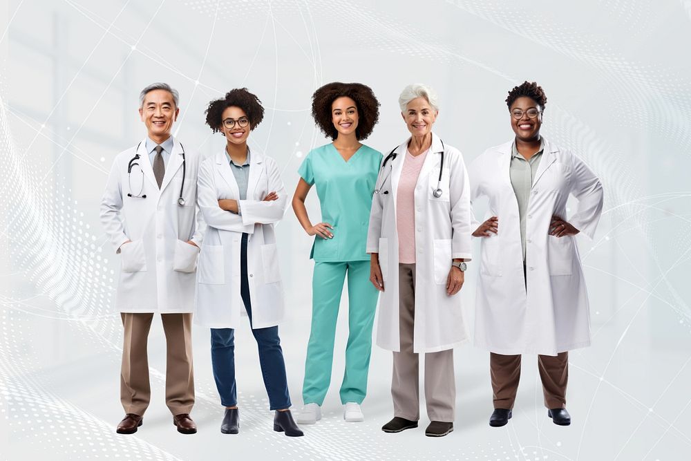 Diverse healthcare workers, hospital remix, editable design