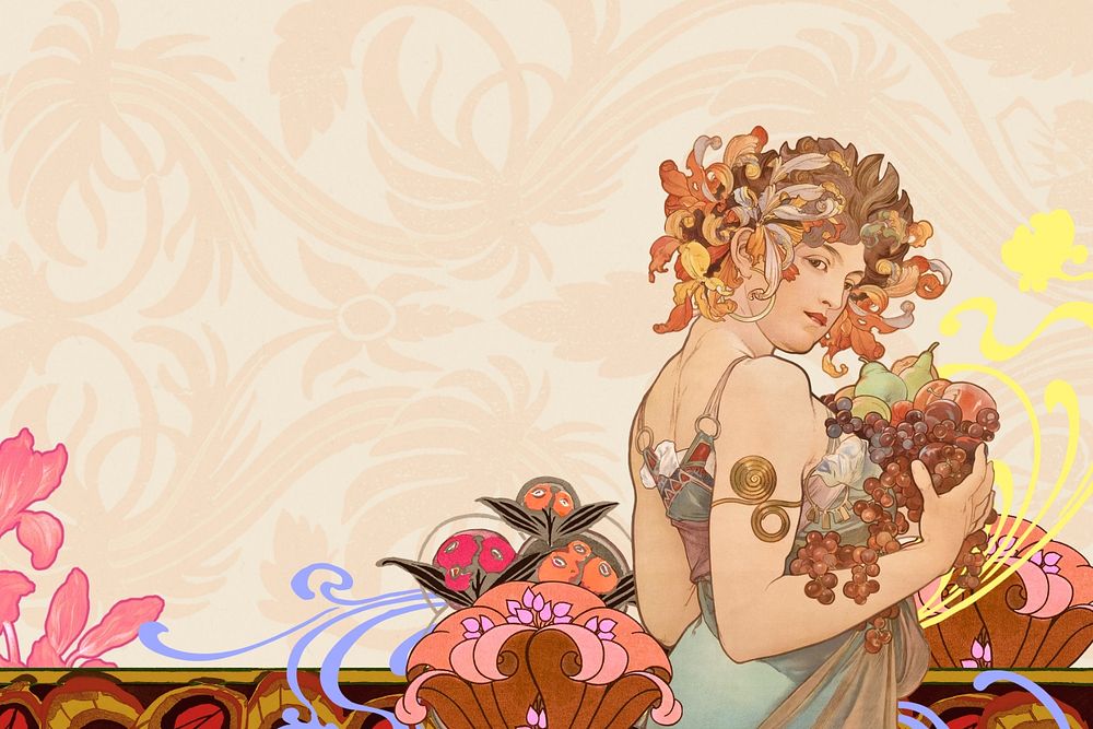 Alphonse Mucha's Fruits background, vintage art nouveau illustration. Remixed by rawpixel.