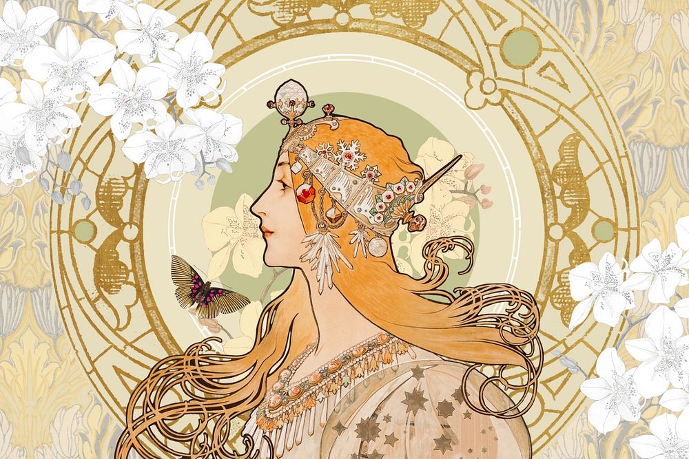 Alphonse Mucha's woman, art nouveau vintage illustration. Remixed by rawpixel.