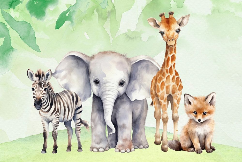 Cute wild animals, watercolor illustration, editable remix