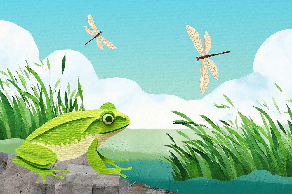 Frog by the lake, nature,  editable  paper craft collage