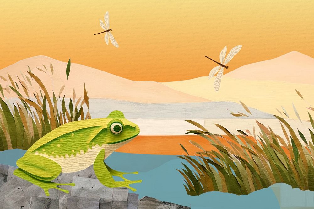 Frog by the lake, nature,  editable  paper craft collage