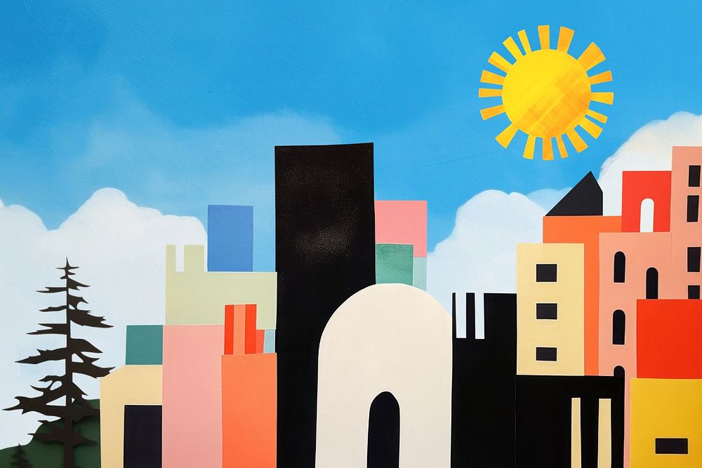 Colorful cityscape,  editable  paper craft collage