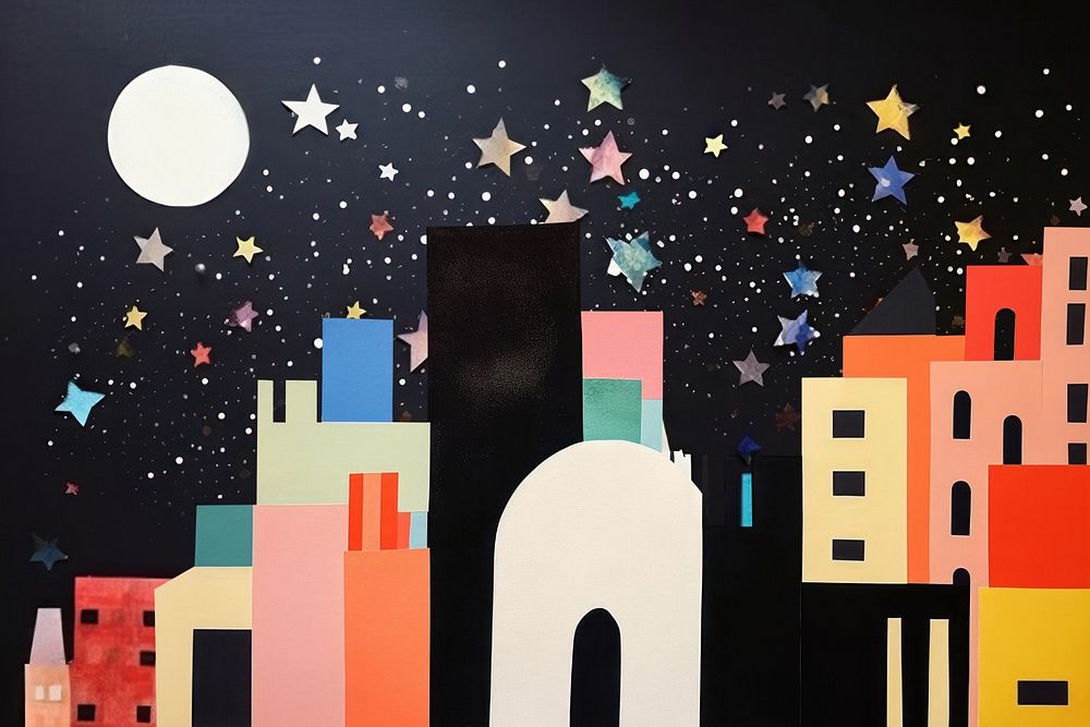 Colorful night cityscape,  editable  paper craft collage