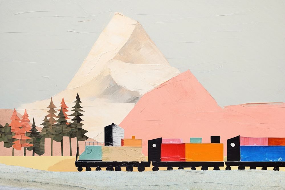 Colorful train landscape background,  editable  paper craft collage