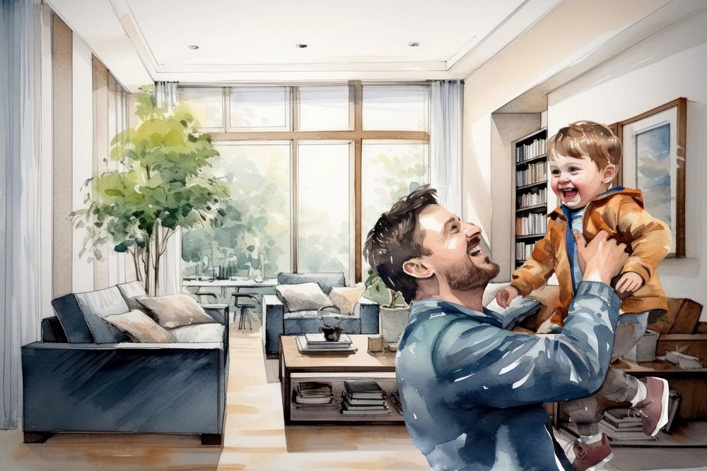 Father playing with toddler son, watercolor illustration, editable remix