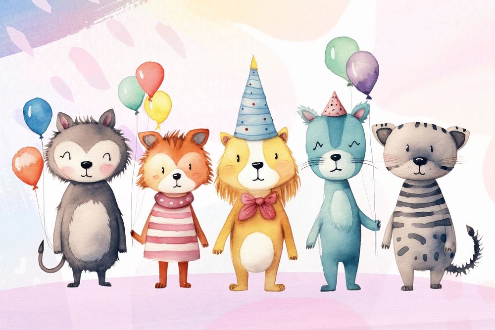 Cute animal birthday party cartoon, watercolor illustration, editable remix