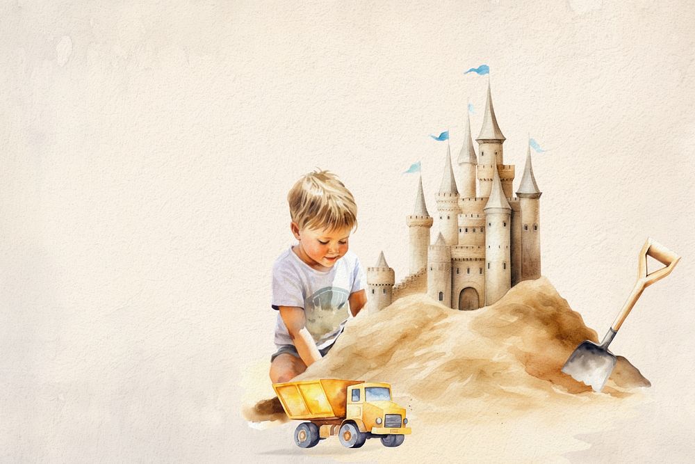 Boy building sand castle by the beach, watercolor illustration, editable remix