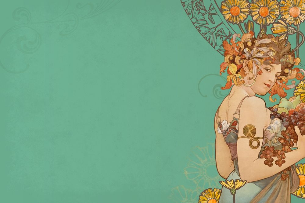 Alphonse Mucha's Fruits background, vintage art nouveau illustration. Remixed by rawpixel.