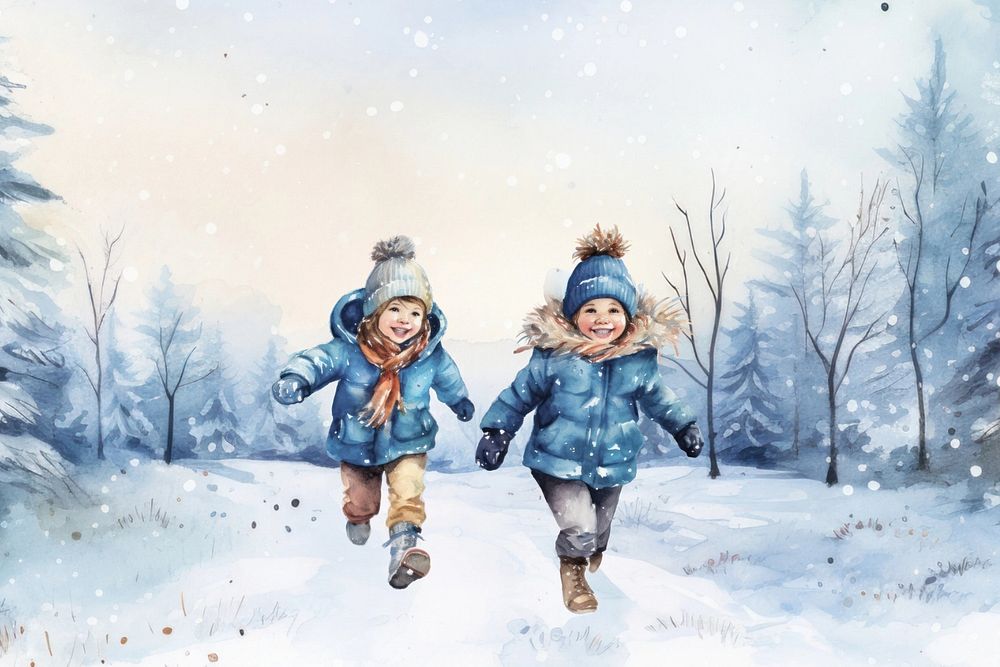 Kids running in the snow, watercolor illustration, editable remix