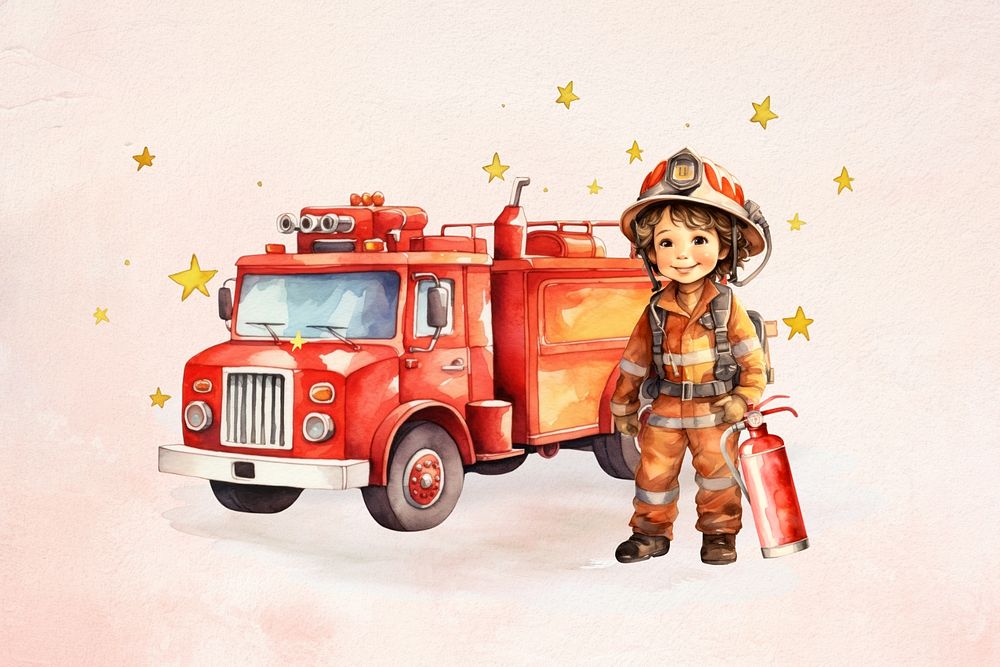 Little boy in firefighter uniform, watercolor illustration, editable remix