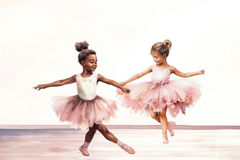 Little ballerina girls dancing, watercolor illustration, editable remix