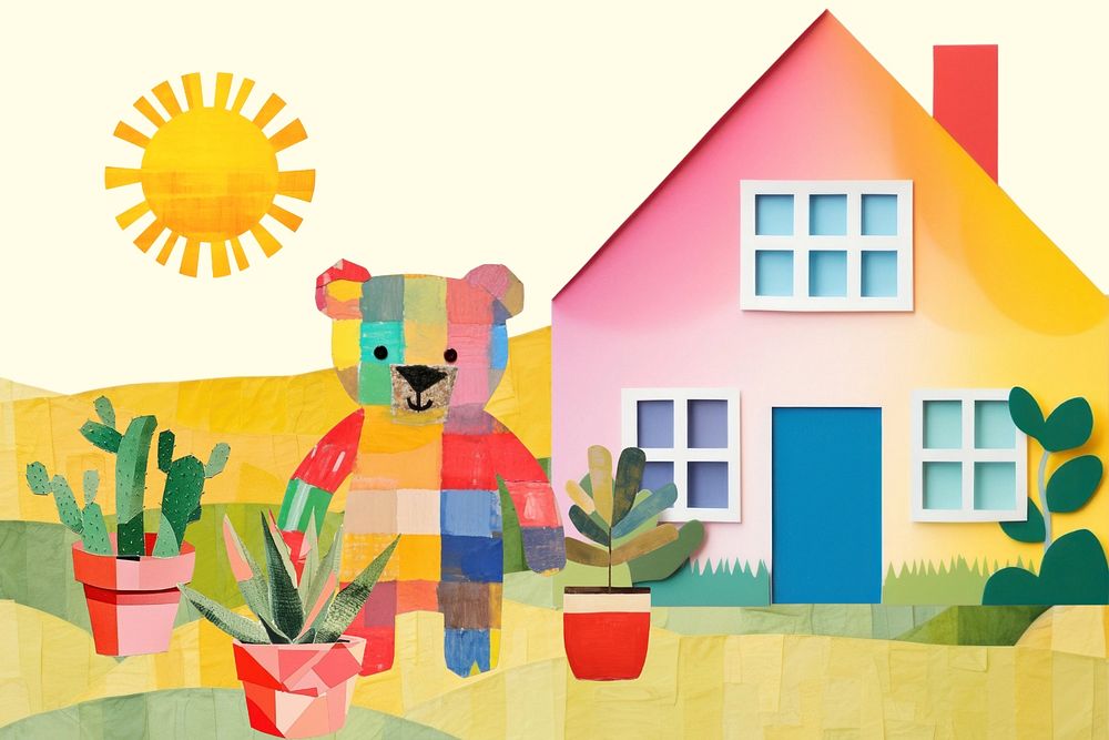 Colorful bear gardening, hobby paper craft editable remix