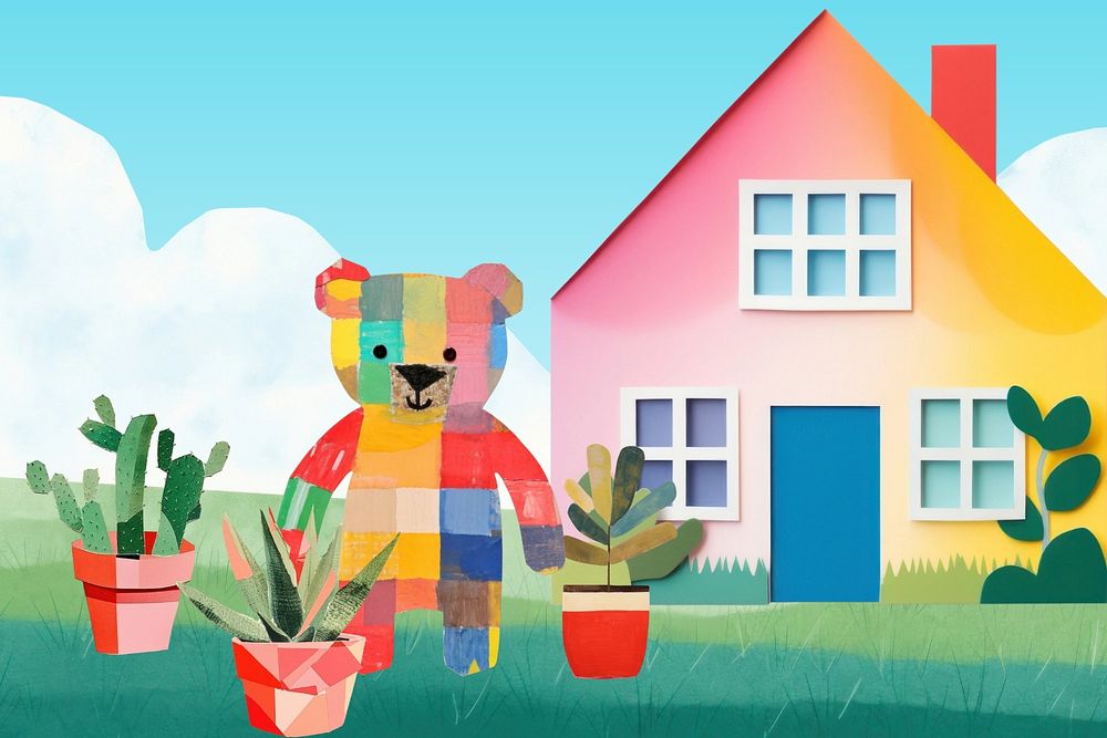 Colorful bear gardening, hobby paper craft editable remix