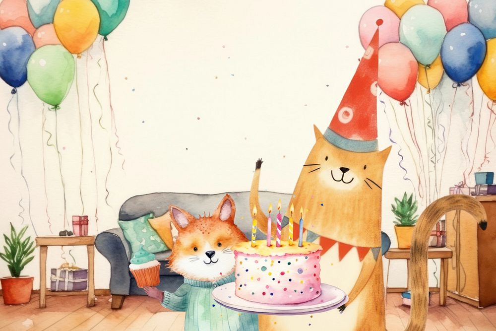 Cartoon birthday cat watercolor animal character illustration, editable design