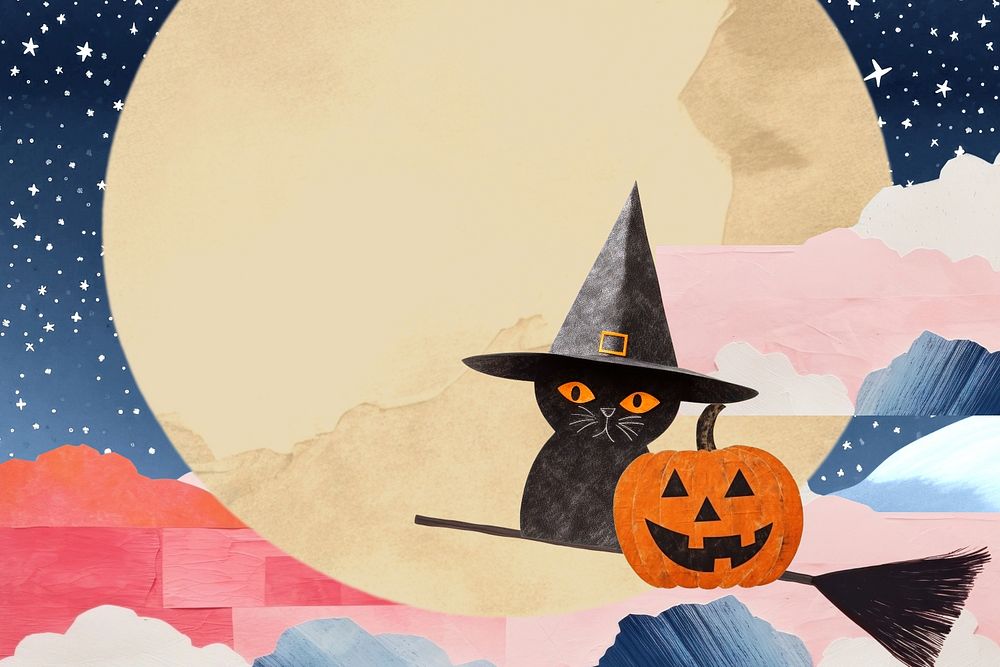 Witch cat on a broom, Halloween paper craft editable remix