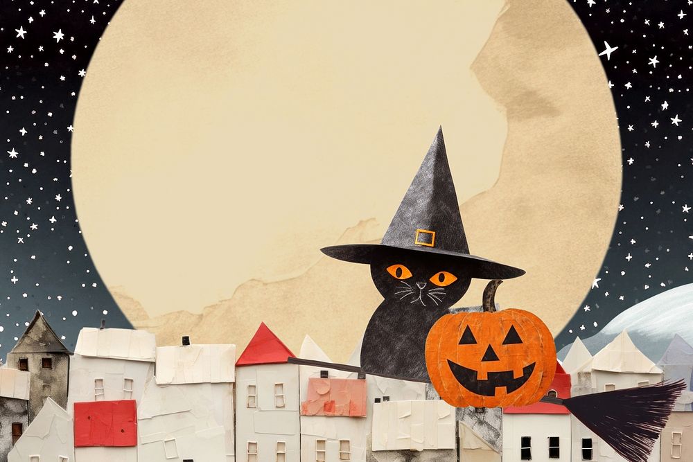 Witch cat on a broom, Halloween paper craft editable remix