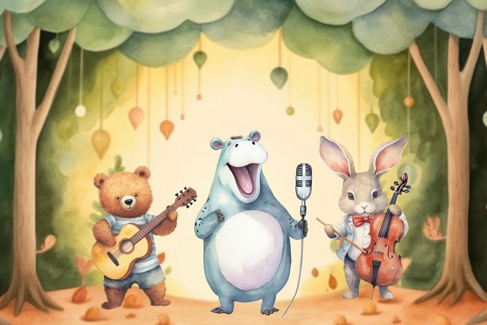 Cartoon singing performance watercolor animal character illustration, editable design