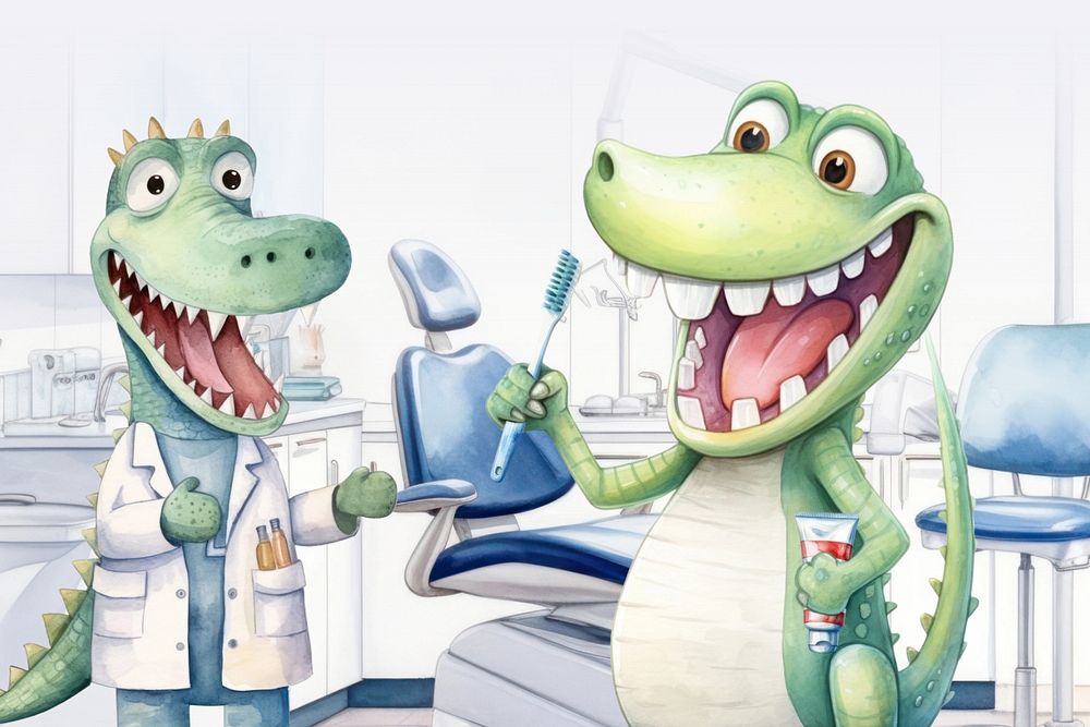 Cartoon crocodile dentist watercolor animal character illustration, editable design