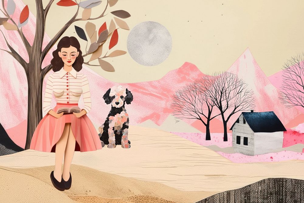 Woman sitting with dog, pet animal paper craft editable remix