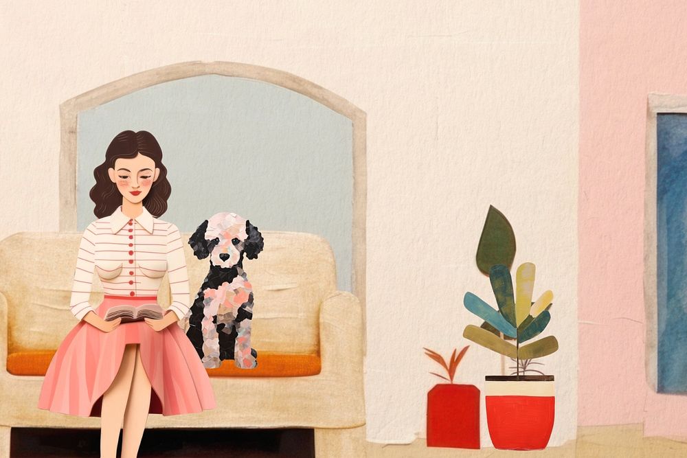 Woman sitting with dog, pet animal paper craft editable remix