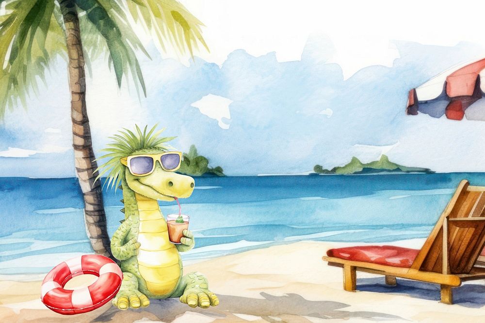 Cartoon beach vacation watercolor animal character illustration, editable design