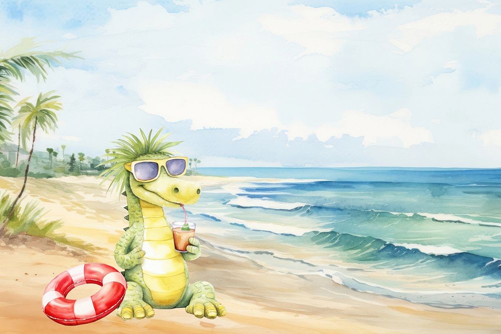 Cartoon beach vacation watercolor animal character illustration, editable design