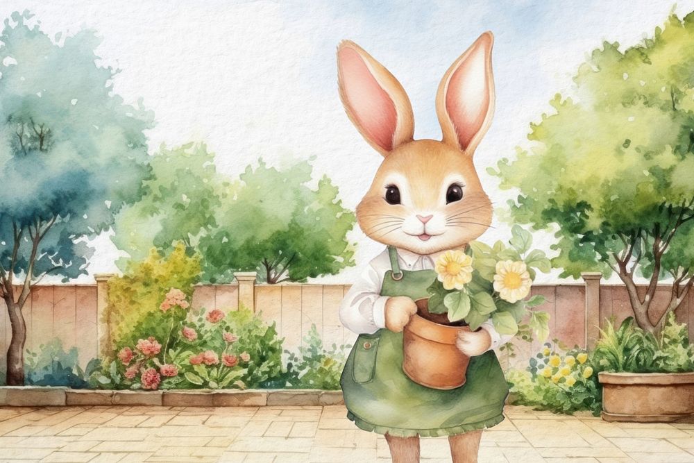 Cartoon bunny gardener watercolor animal character illustration, editable design