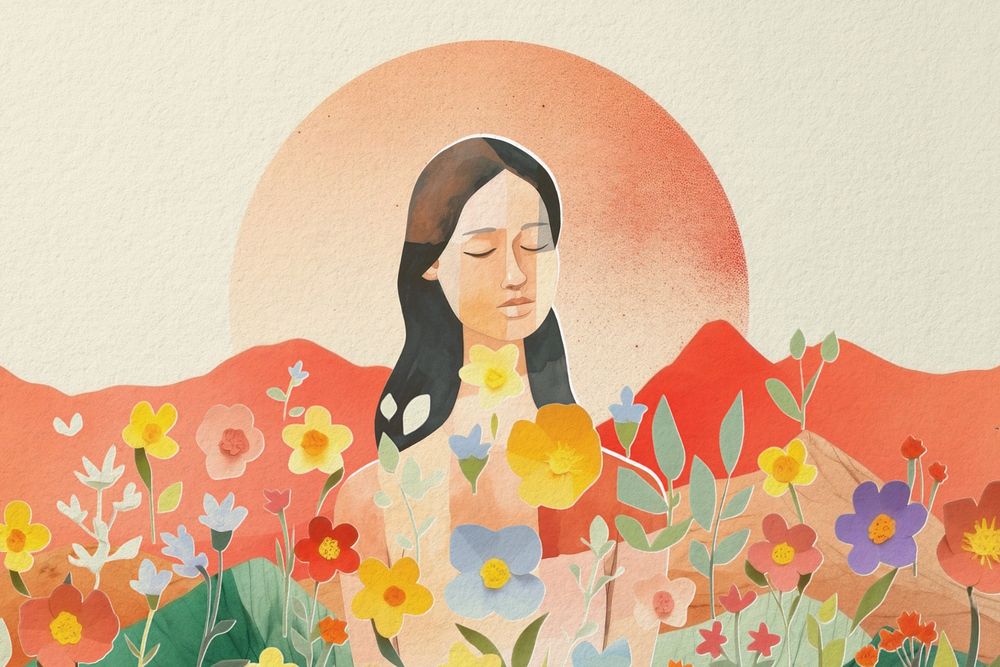 Woman in flower field paper craft editable remix