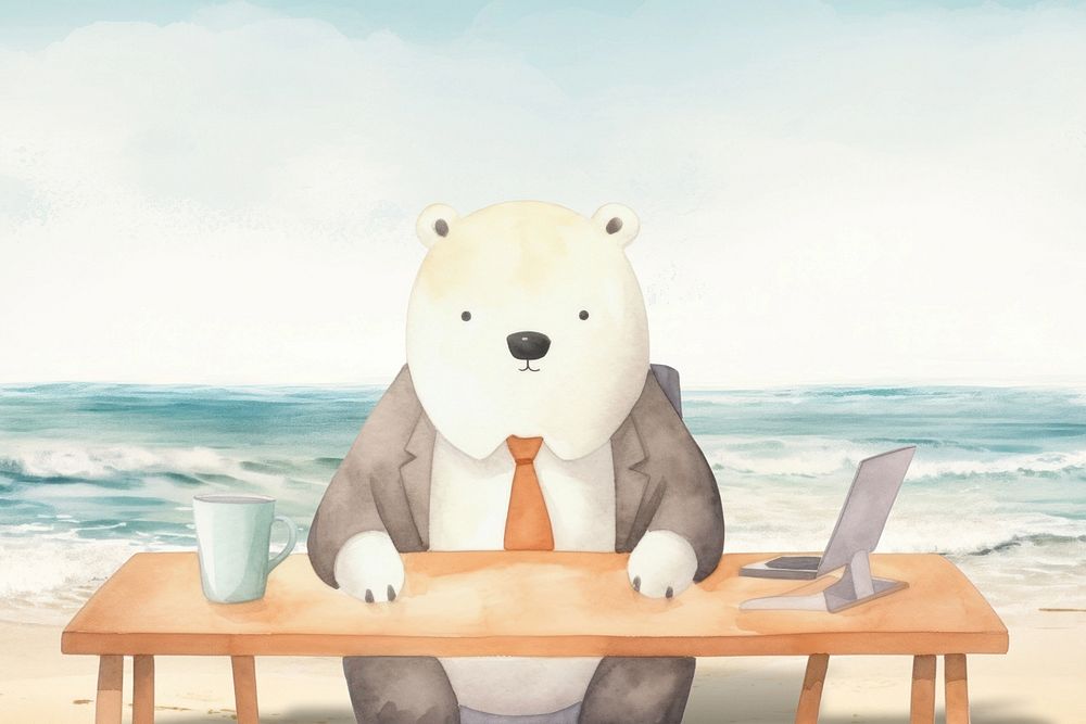 Cartoon bear businessman watercolor animal character illustration, editable design