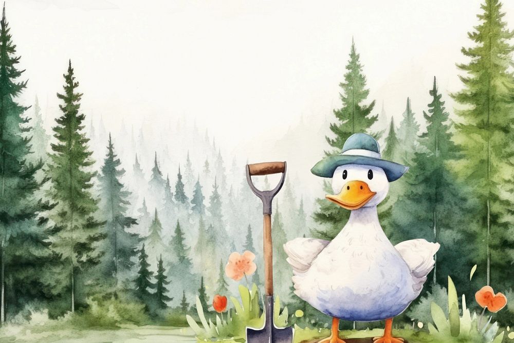 Cartoon duck gardener watercolor animal character illustration, editable design