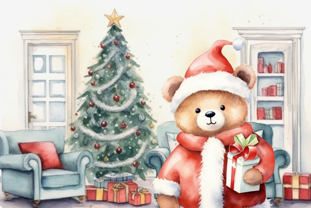 Cartoon Christmas celebration watercolor animal character illustration, editable design