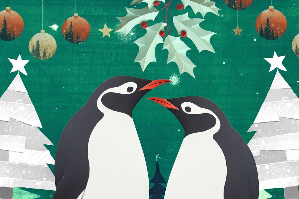 Christmas penguin couple, festive paper craft editable remix