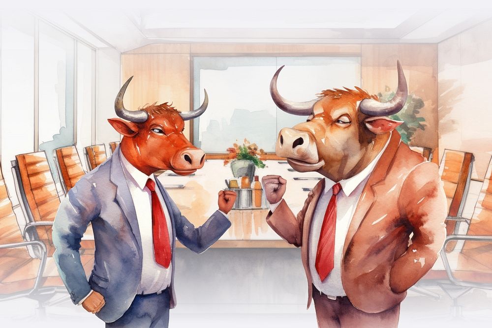 Cartoon bull businessmen watercolor animal character illustration, editable design