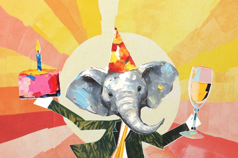 Birthday elephant, celebration paper craft editable remix