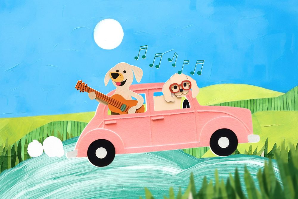 Dog playing guitar, road trip paper craft editable remix