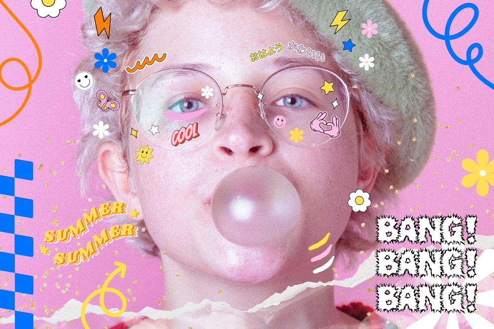 Woman with bubble gum, pink retro collage, editable design