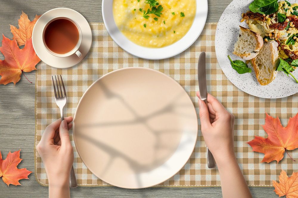 Lunch table aesthetic, food aerial view, editable remix