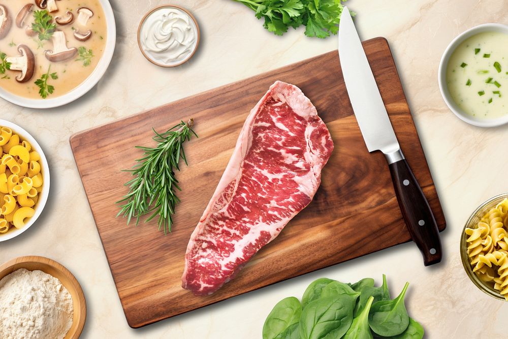 Beef steak on cutting board, editable remix