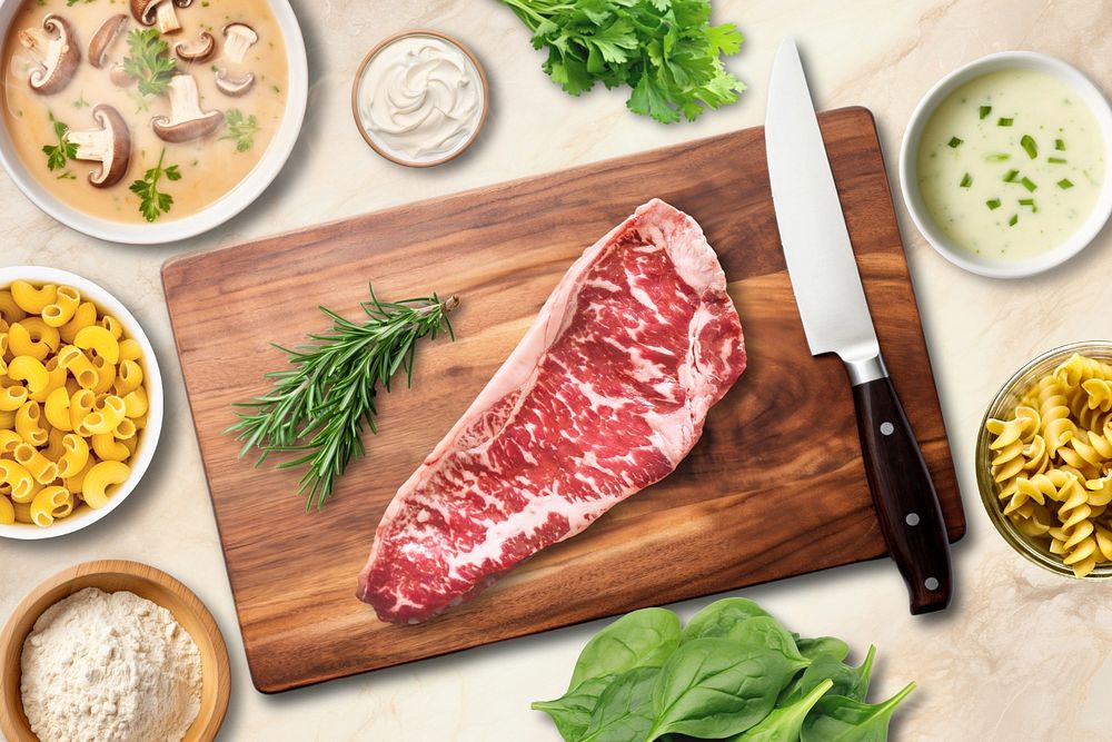 Beef steak on cutting board, editable remix