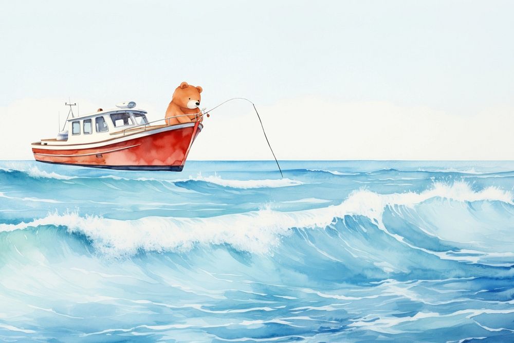 Fishing boat, animal watercolor editable remix