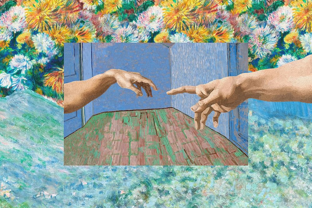 Hands of God and Adam background, vintage illustration by Michelangelo Buonarroti. Remixed by rawpixel.