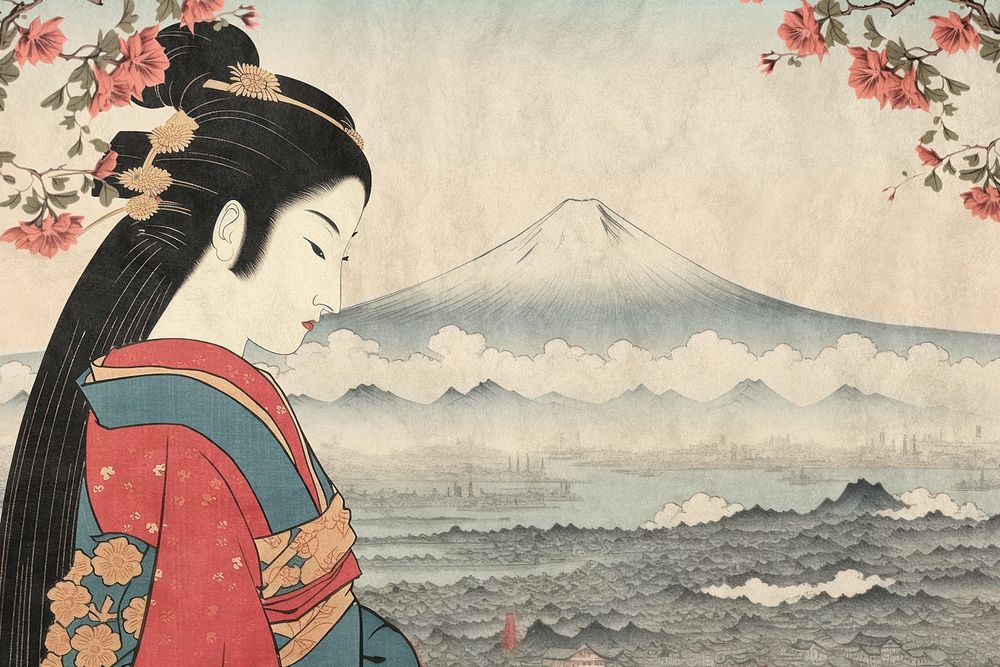 Editable vintage Japanese woman with Mount Fuji remixed design